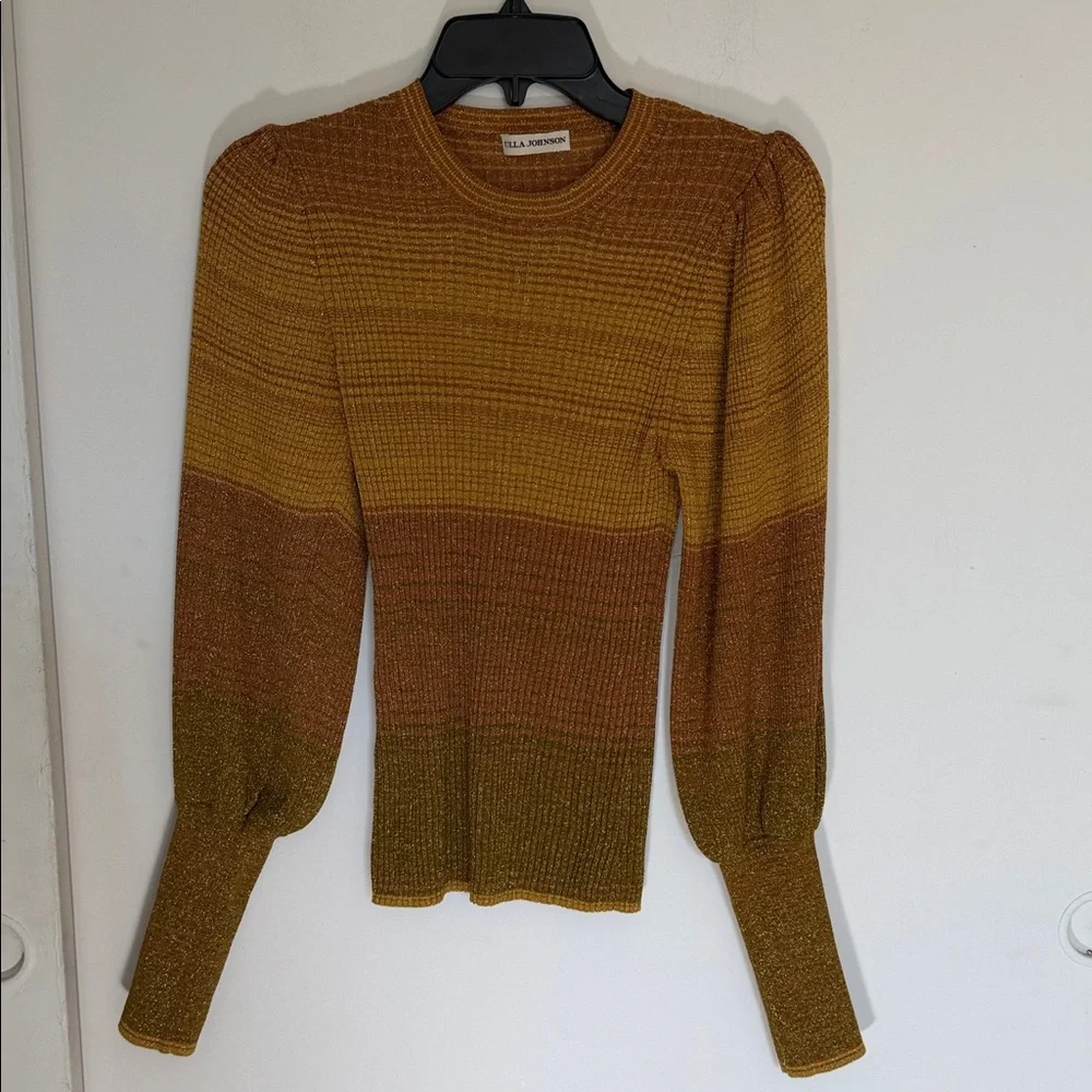 Ulla Johnson Metallic Ribbed Puff-Sleeve Top in Mustard & Bronze